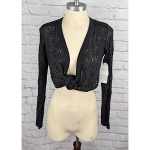 Ohmg! Juniors' Pointelle-knit Tie-front Shrug Black Size M Cropped 4 Way Cardi